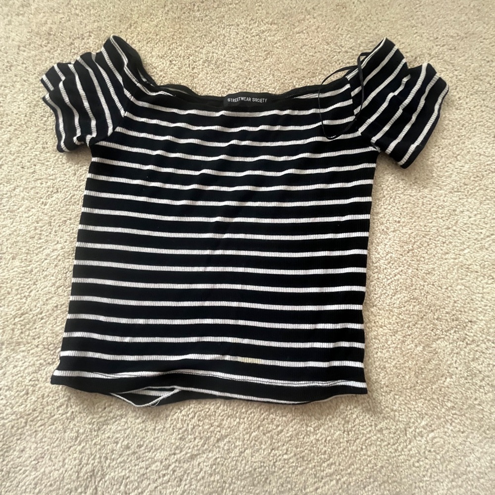 Streetwear Society Black and White Striped Short Sleeve Top